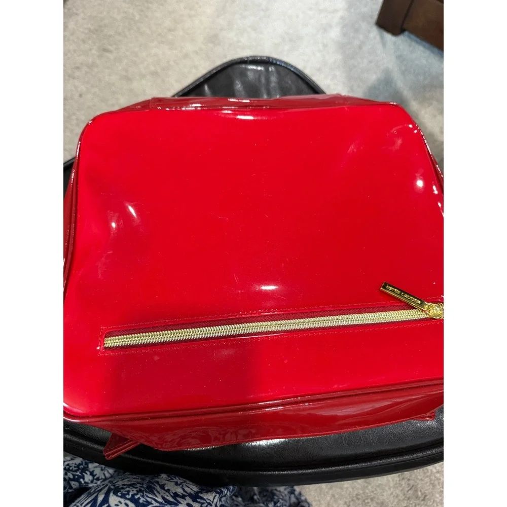 Estee Lauder Red Patent Leather Vanity Cosmetic Makeup Case Bag Gold Zipper